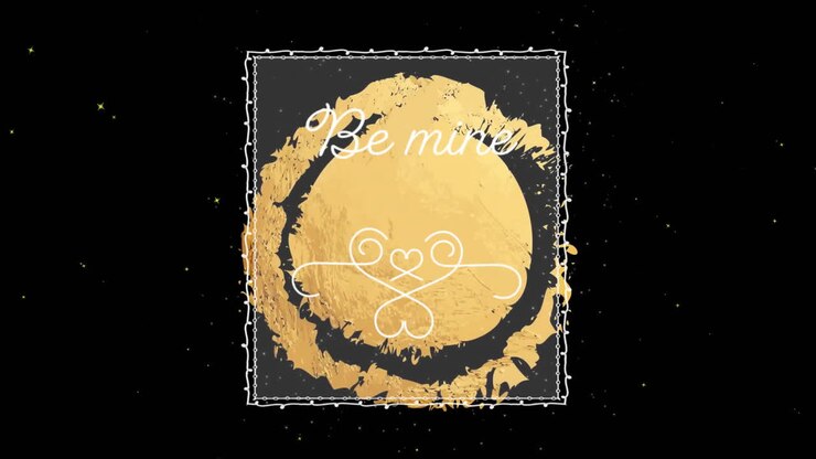 Animation of be mine text in white transparent box over gold circle on black background