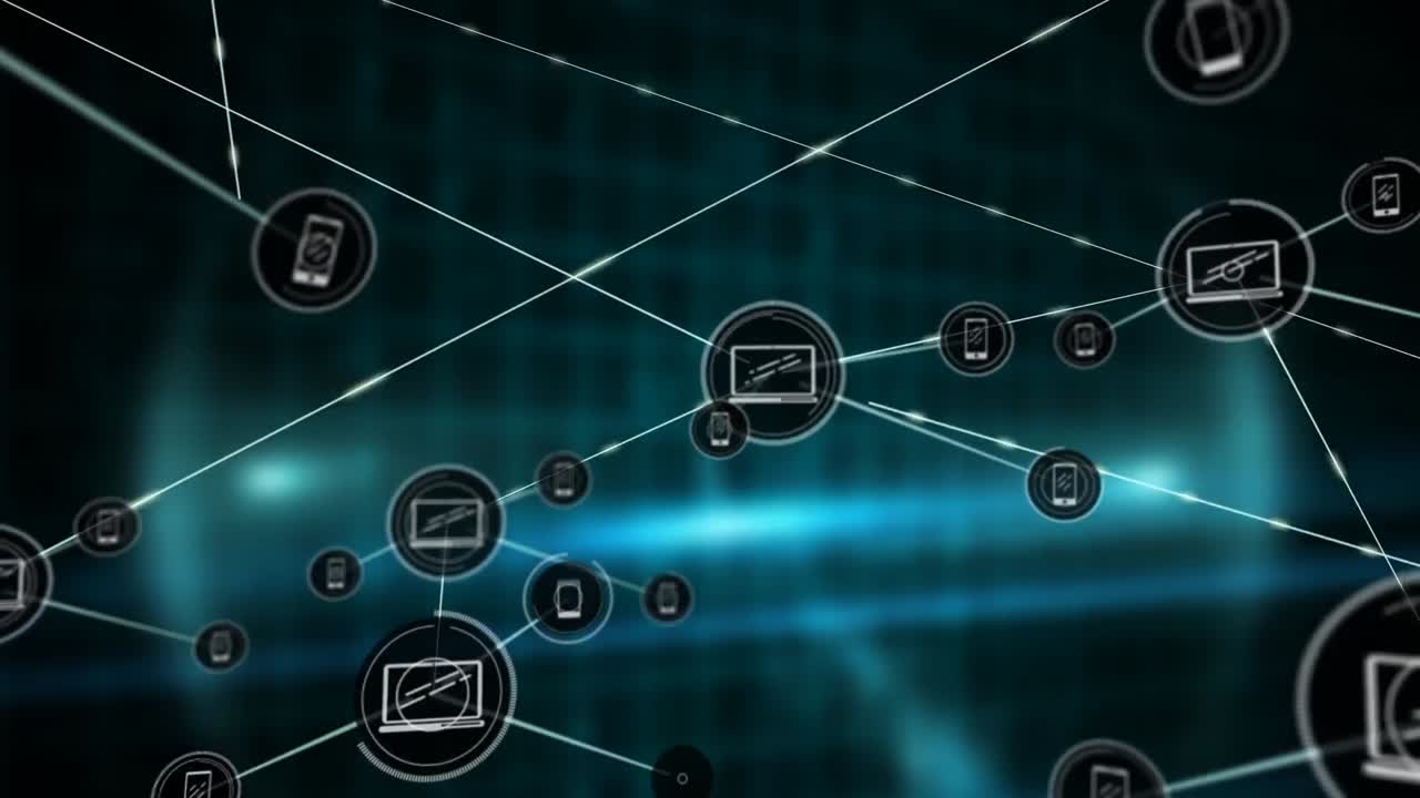 animación de la red de conexiones con iconos sobre formas sobre fondo negro