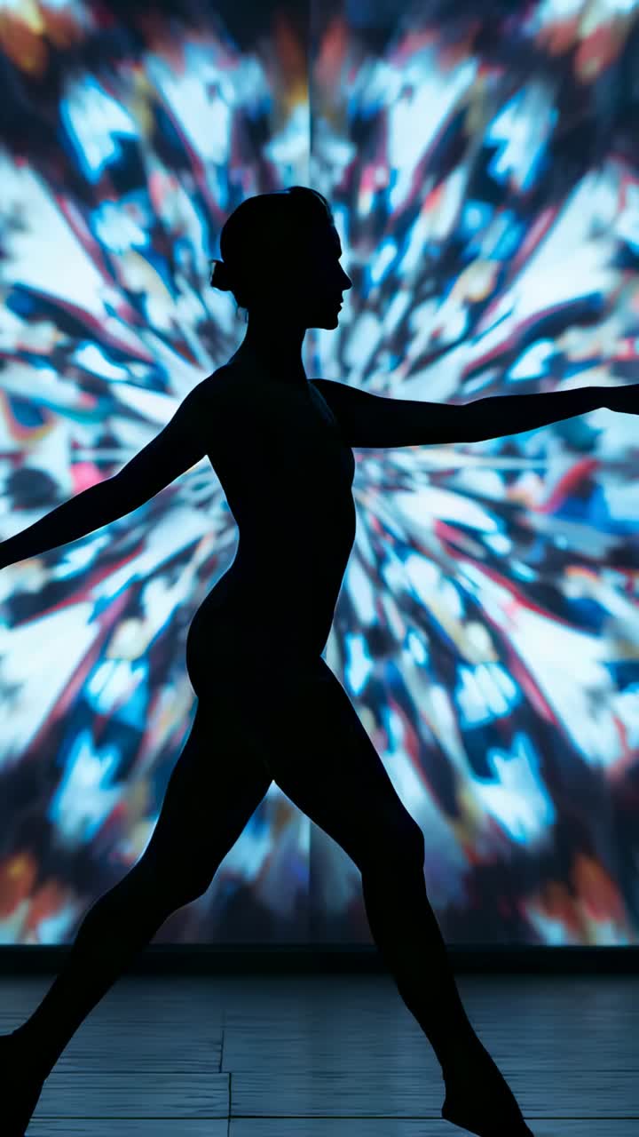 Vertical video: Starting LED backdrop dancer in leotard bun moving onstage doing lunges to finish