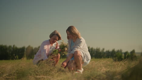 elder sister picking wildflowers while younger sister squats close, observing delicate blossoms in peaceful outdoor setting surrounded by natural grassy field and clear blue sky