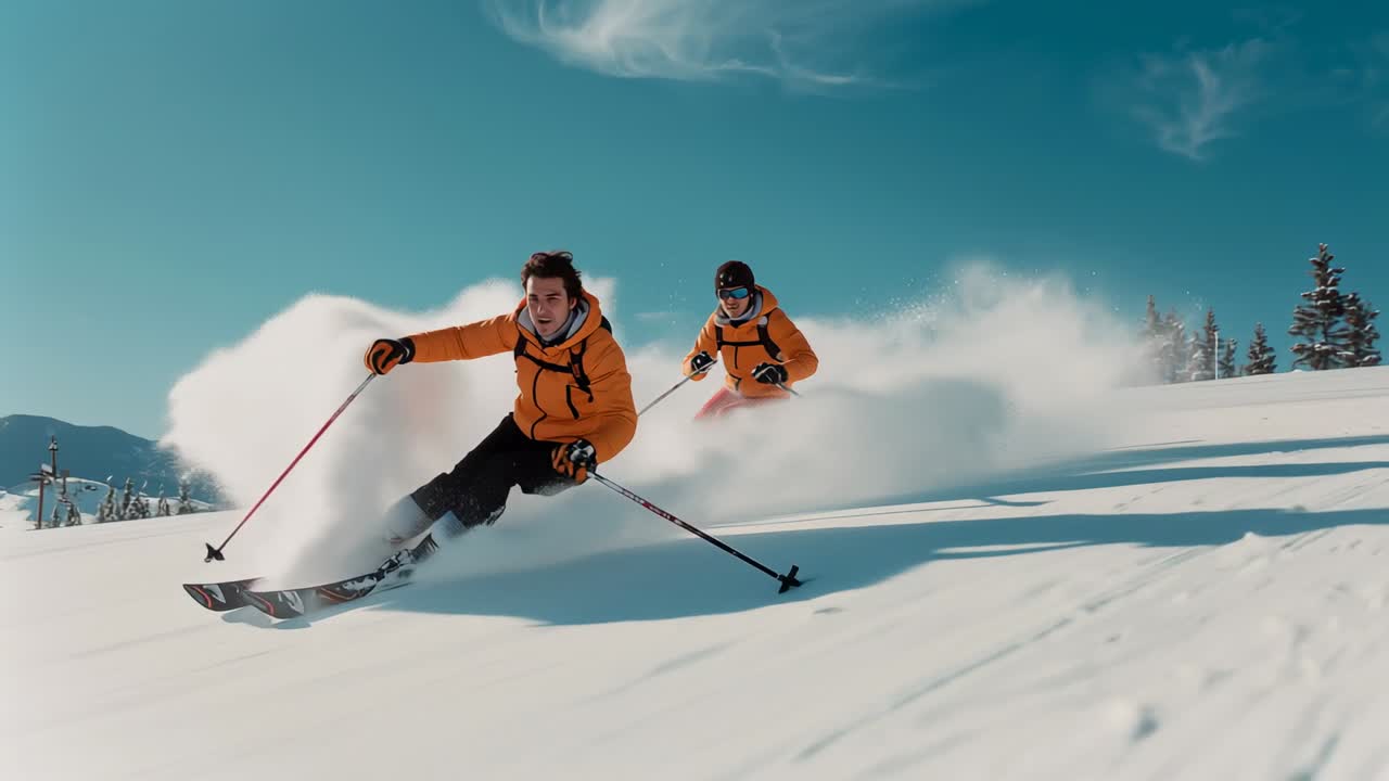 Pushing off incline, two orange-jacketed skiers carving powder using skis and poles on alpine slope