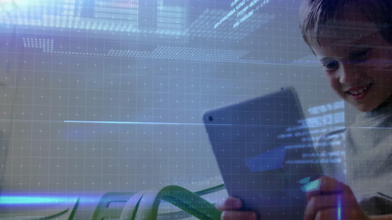 Boy using tablet while interacting with education platform displaying grid pattern and green shapes