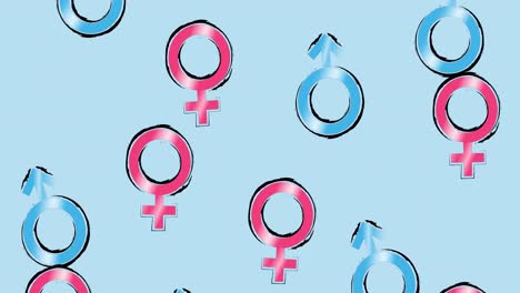 animación de símbolos de género masculino y femenino sobre fondo azul