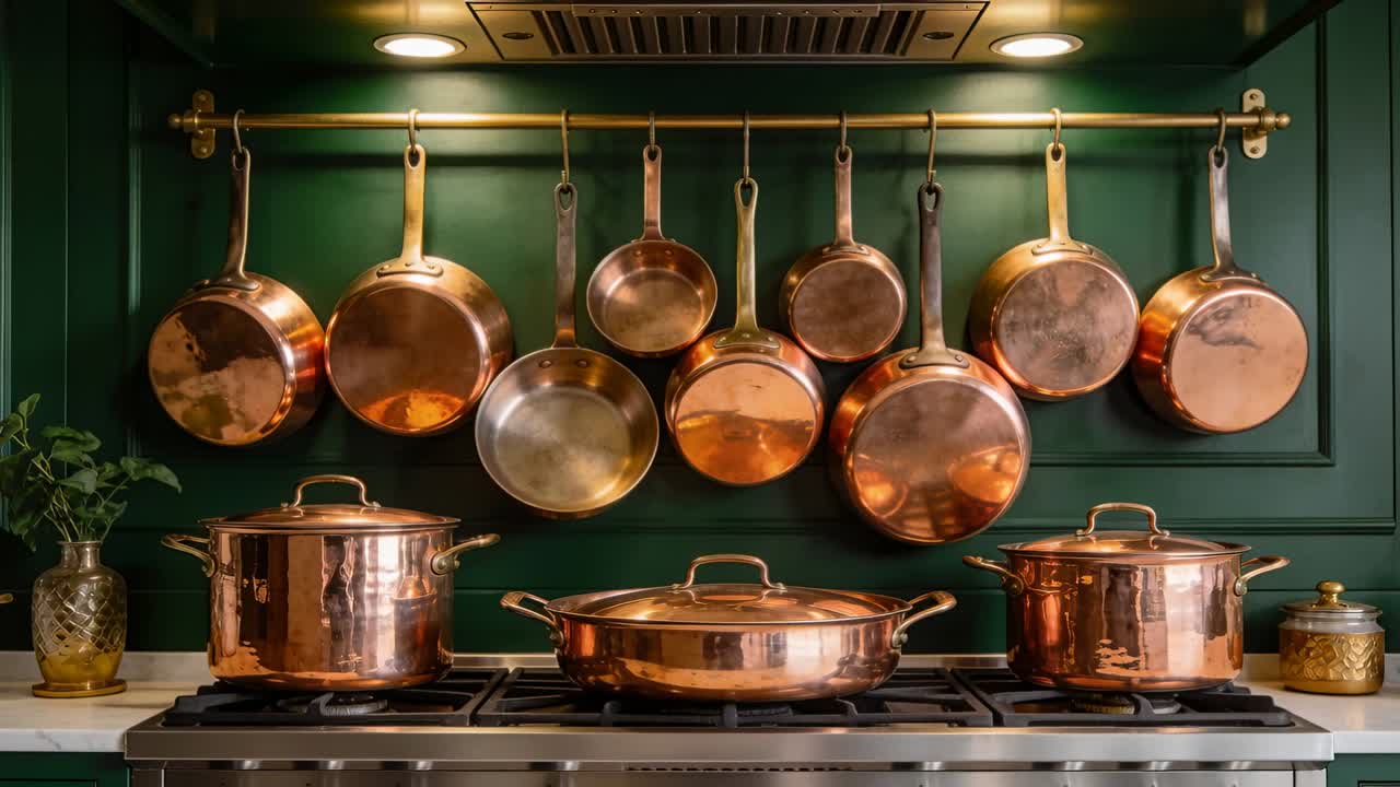 Pulling back camera revealing copper pans on brass rail, pots atop gas range, showing full setup