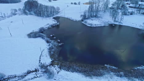 un dron aéreo se disparó hacia adelante sobre un hermoso lago congelado de invierno a lo largo del frío paisaje invernal en un día nublado