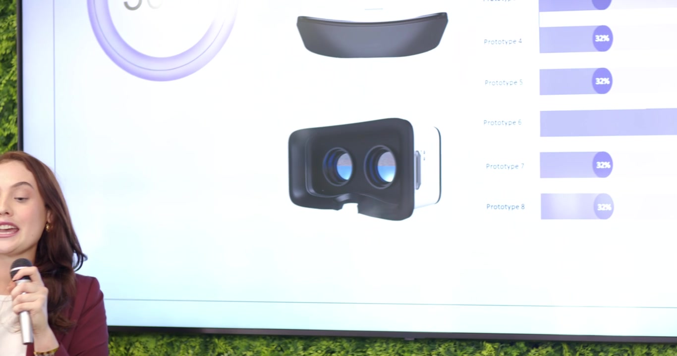 Female-presenter blazer raising mic showing VR screen at panel African American woman using tablet