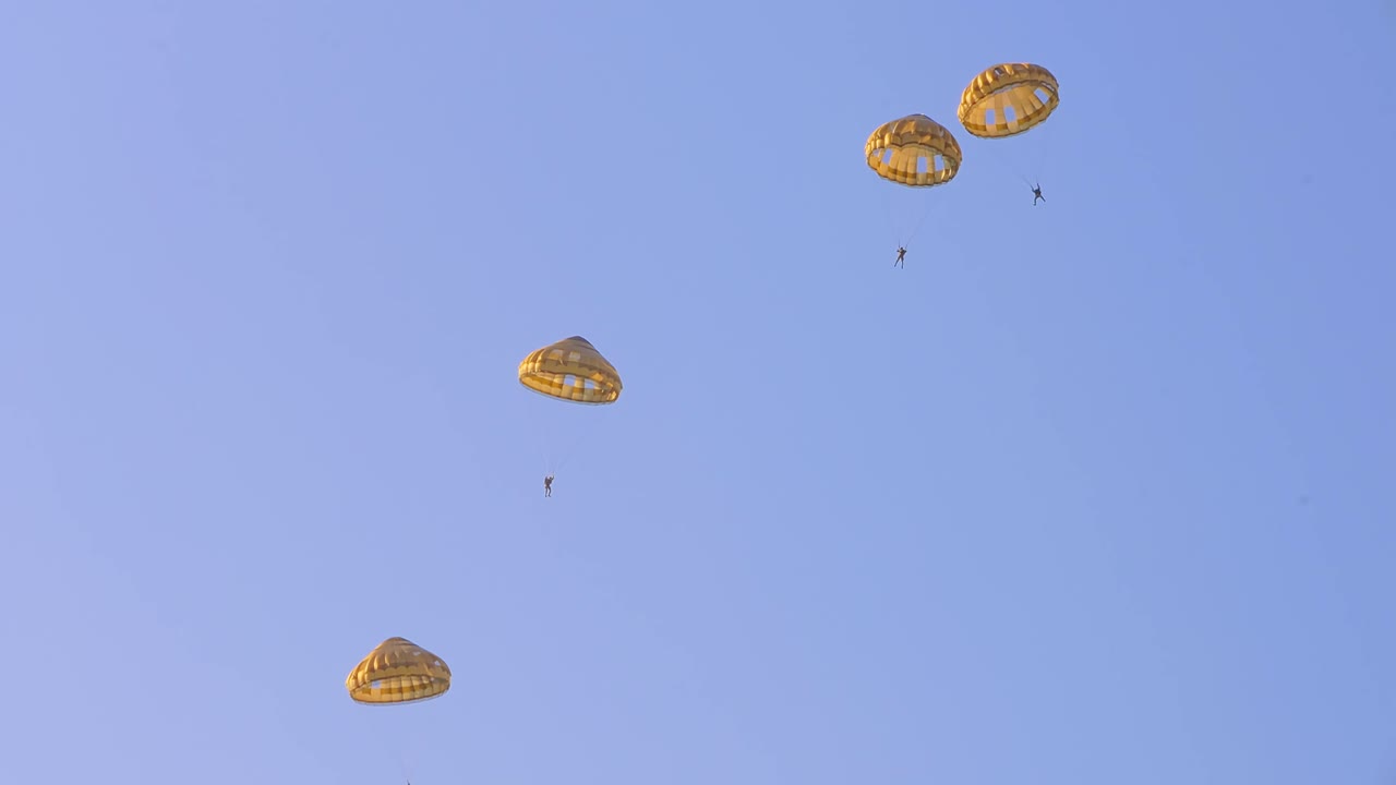 Several paratroopers descend under golden parachutes, scattered across the sky during a military training exercise at Ginkelse Heide, Netherlands (Ede). Captured against a bright blue background