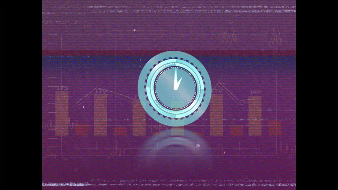 Clock animation over financial graphs and data on textured purple background