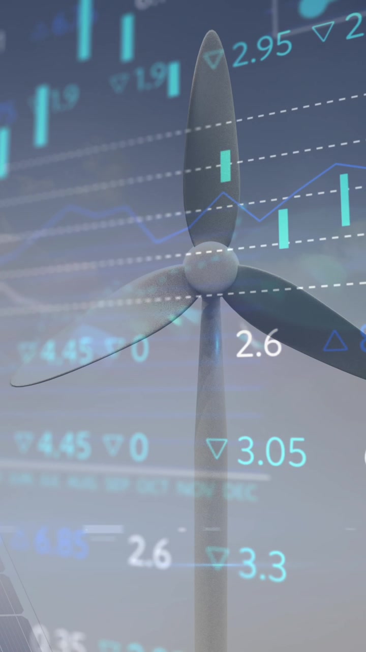 Financial data processing over windmill and solar panels against blue sky