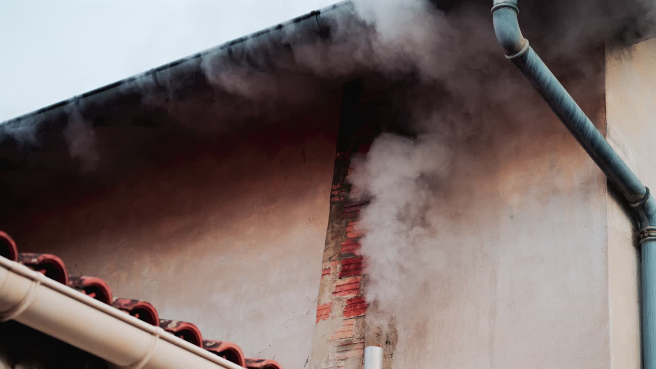A close up of dense white smoke billowing from an old brick chimney against a faded beige wall