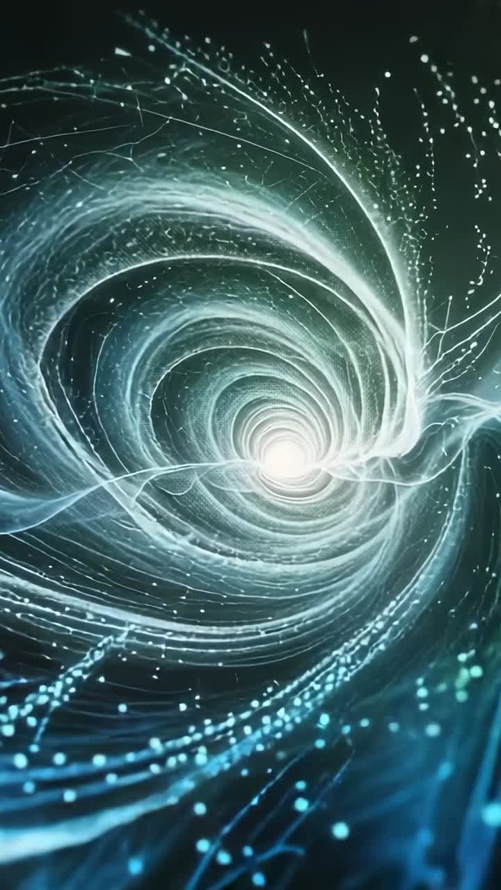 Vertical video: Opening vortex spiraling inward in cosmic tunnel, with glowing core and particles