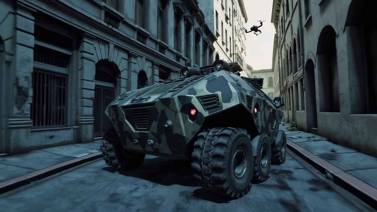 Armored Military Vehicle in a Deserted City Street