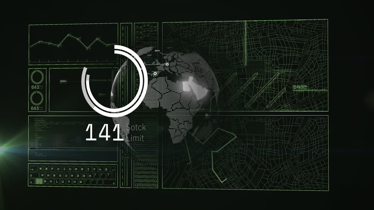 회전하는 지구에 대한 데이터 처리에 대한 인터페이스를 통해 빛의 점의 애니메이션