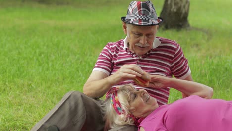 Family-weekend-picnic-in-park.-Active-senior-old-caucasian-couple-sit-on-blanket-and-eating-burger