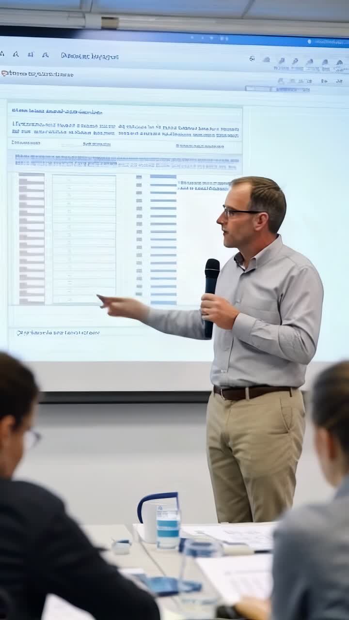 A man is giving a presentation in front of a large screen