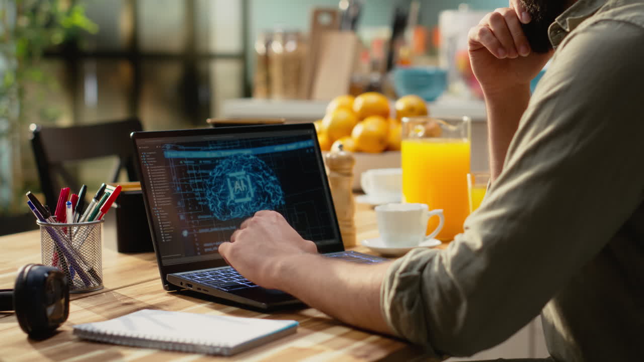 Male freelancer examines artificial intelligence systems with neural networks