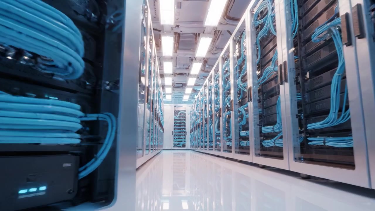A High-Tech Data Center Featuring Rows of Server Racks with Blue Cables, Showcasing Advanced Technology and Efficient Data Management Infrastructure