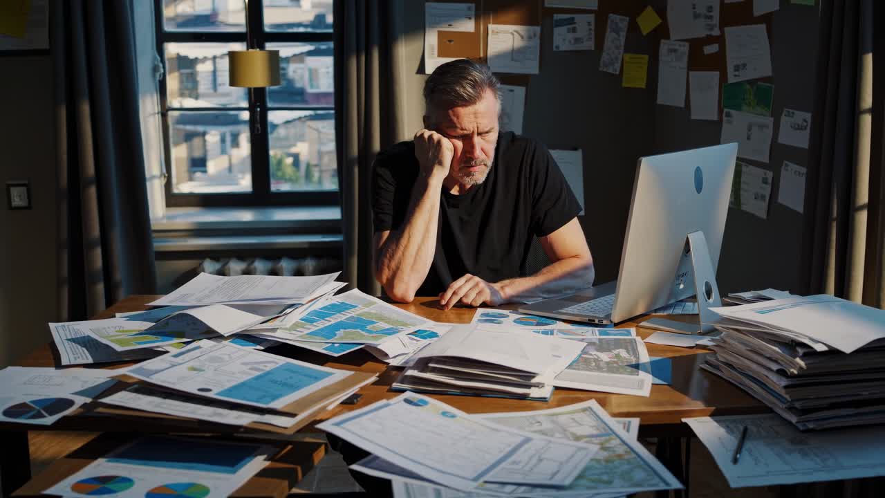 Focused contractor reviewing blueprints and financial reports at a cluttered desk in his brightly lit home office, demonstrating the demands of project management and planning