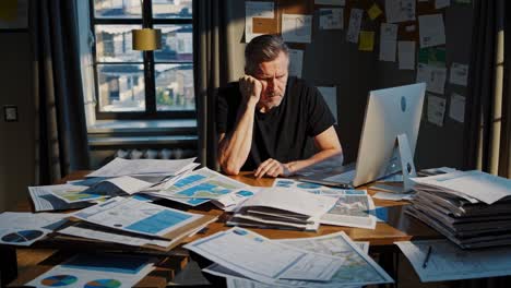 focused contractor reviewing blueprints and financial reports at a cluttered desk in his brightly lit home office, demonstrating the demands of project management and planning