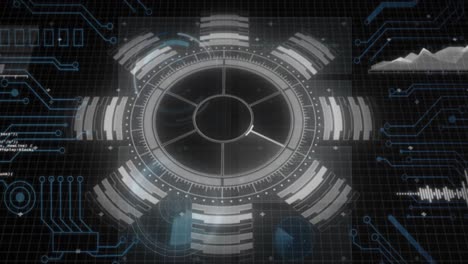 Animación-De-Interfaz-Con-Escáner-Redondo,-Conexiones-De-Microprocesador-Y-Procesamiento-De-Datos