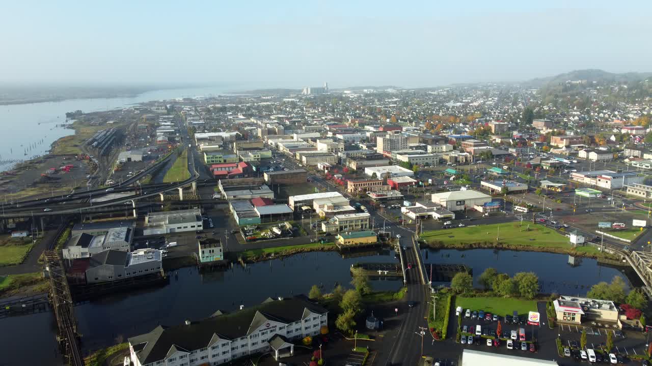 US, WA, Aberdeen, 2025-10-29 - Drone view of the city in Fall