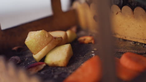 close up of sliced fruits and vegetables including apples and carrots arranged inside wooden bird house, with smooth blurred background of motion and light giving calm natural outdoor setting