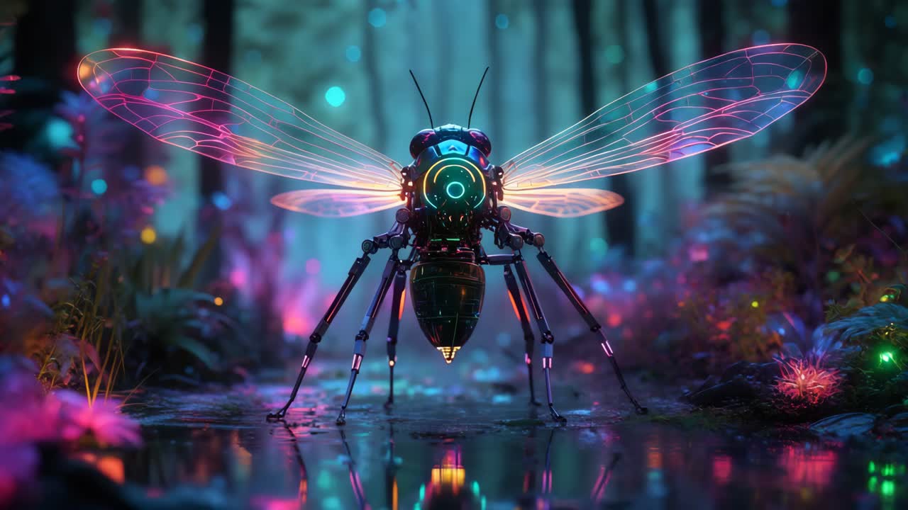 Insetto robotico luminoso in una foresta fantastica