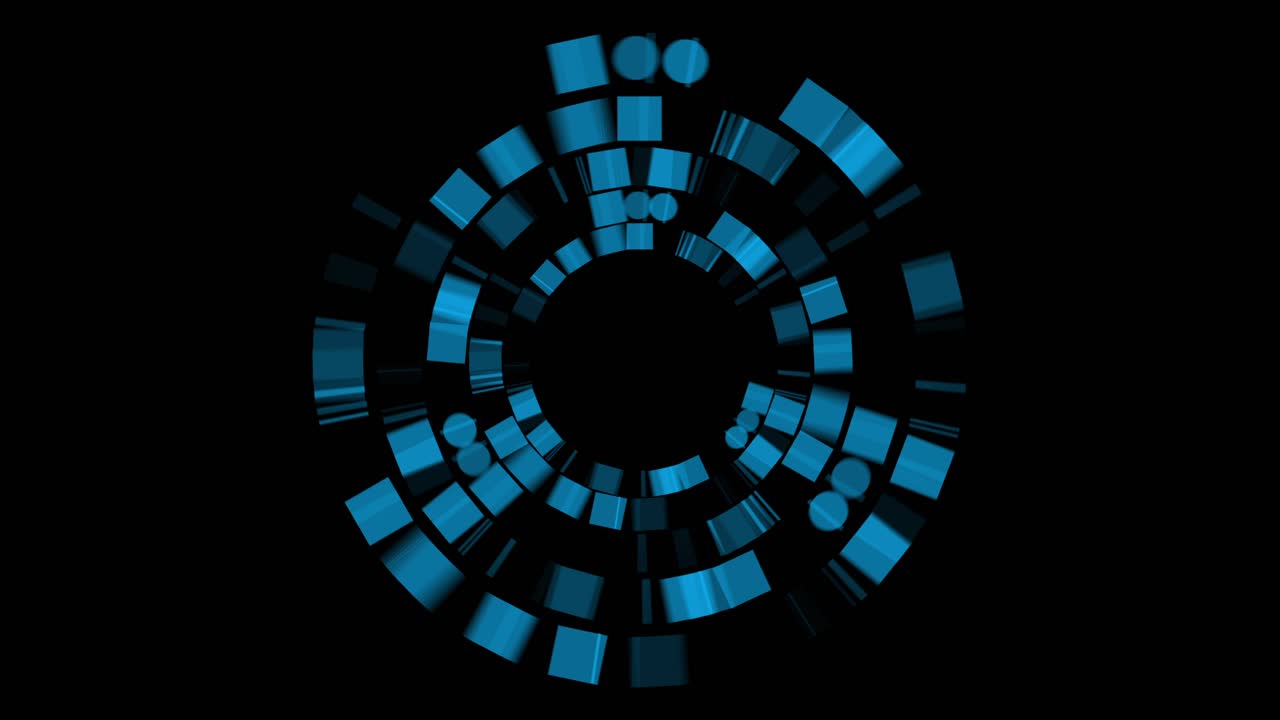 Abstract blue geometric segments rotate to form a futuristic portal or tunnel on black background, sci-fi concept for technology or travel