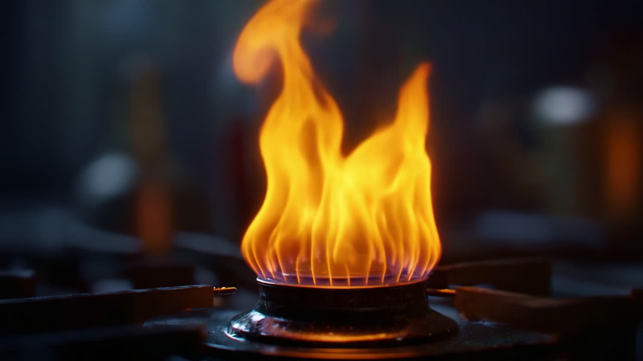 Fiamme affascinanti: primo piano di una vivace fiamma a gas che danza su un fornello in un'intima cucina, che mette in mostra la bellezza e le dinamiche del fuoco