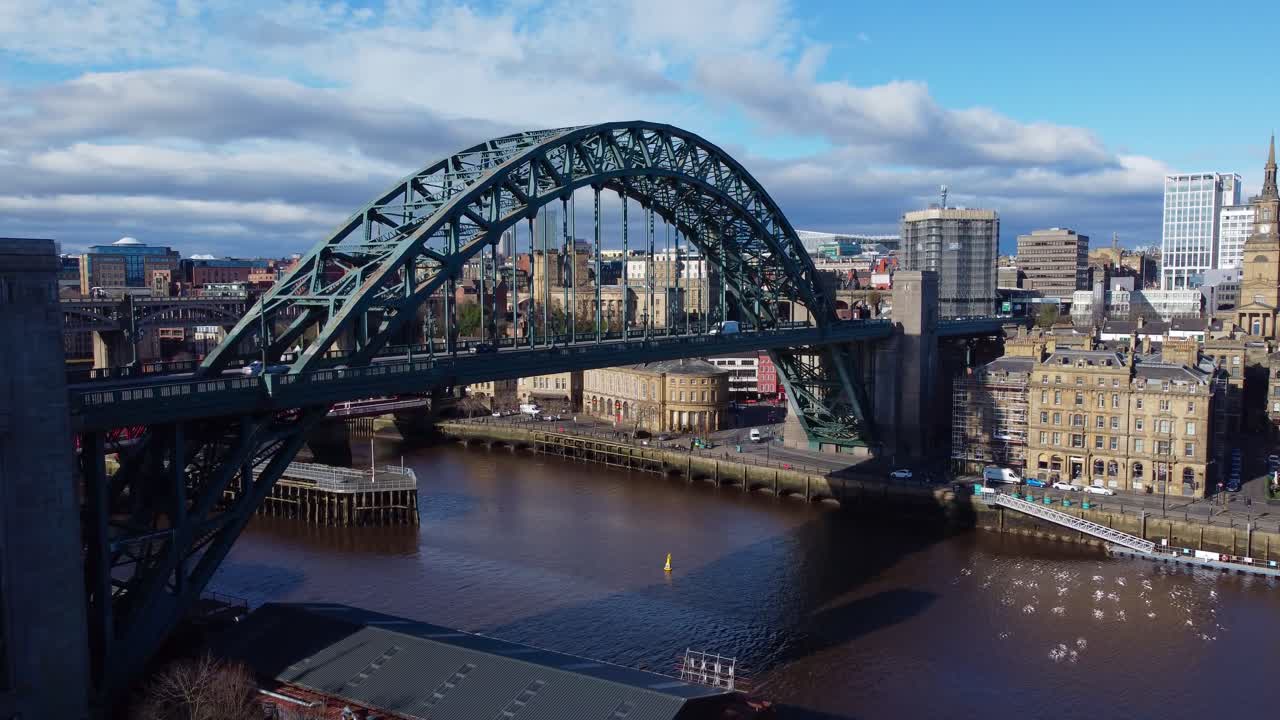Cinematic pan of Newcastle's iconic Tyne Bridge on the Quayside