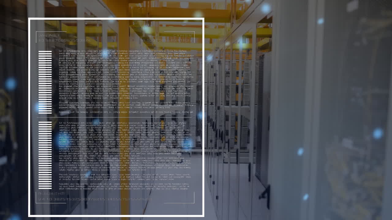 Animation of interface with data processing and blue glowing spots falling against server room
