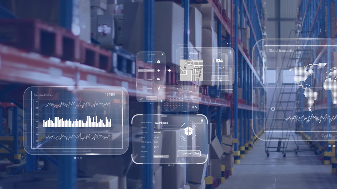 animación del procesamiento de datos en pantallas sobre el almacén