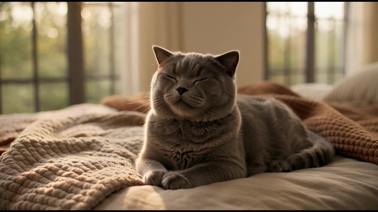 British Shorthair Cat Resting on a Cozy Bed