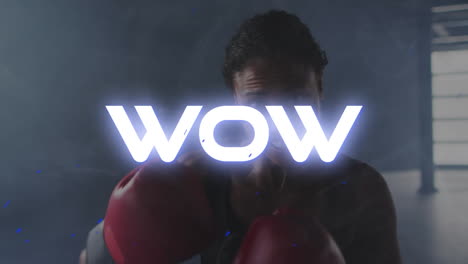 animation of wow text over mixe race woman exercising boxing