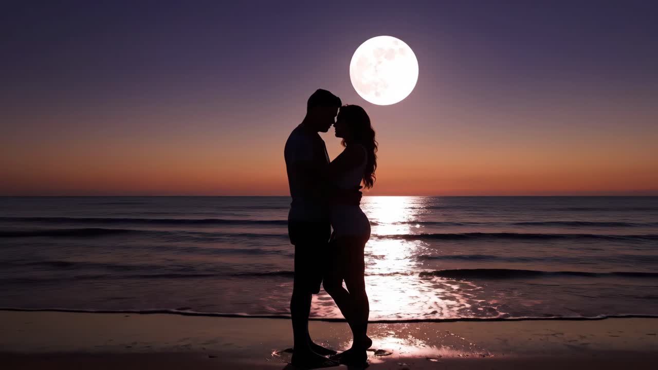 Romantic Couple Embracing on the Beach Under a Full Moon at Sunset