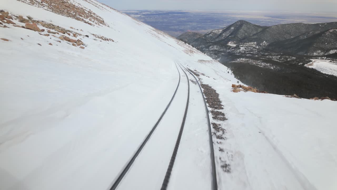 Manitou And Pikes Peak Cog Railway Through Snow-covered Mountain In Winter. Colorado, USA. wide tilt-up shot