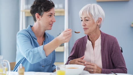 una mujer joven alimentando a su madre mayor