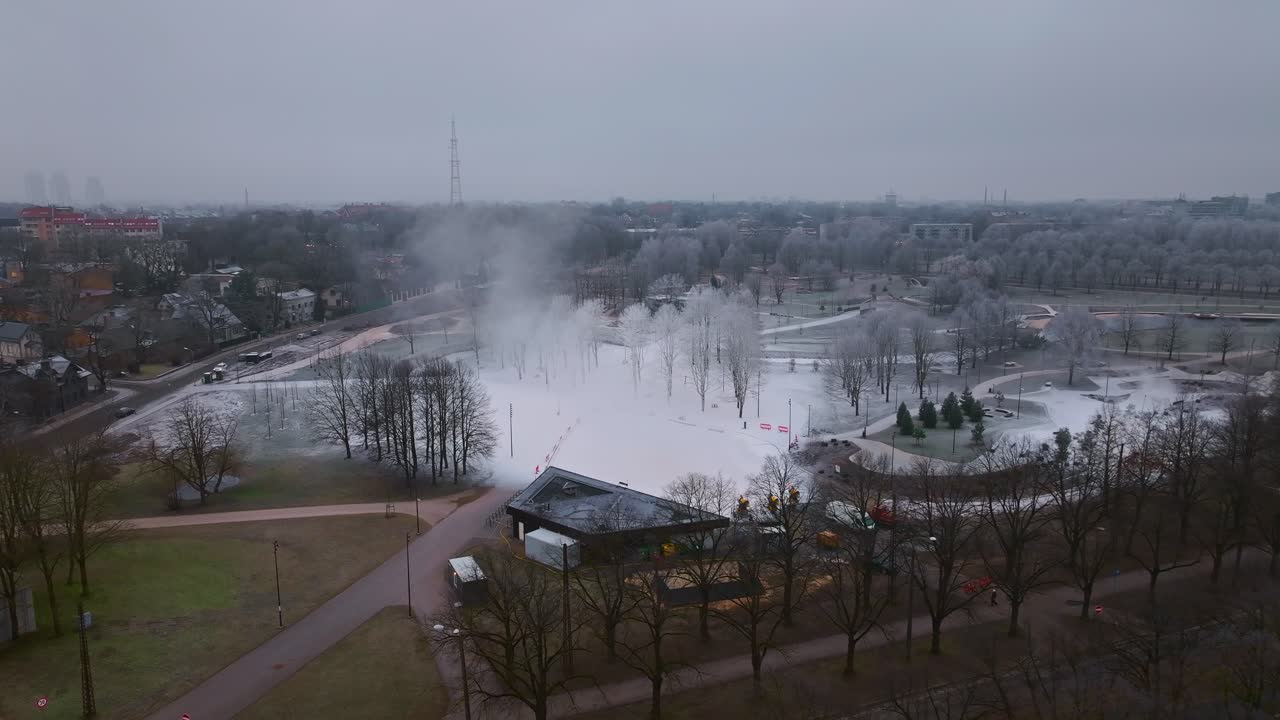 Riga with artificial snow sprayed for winter sports despite no real snow