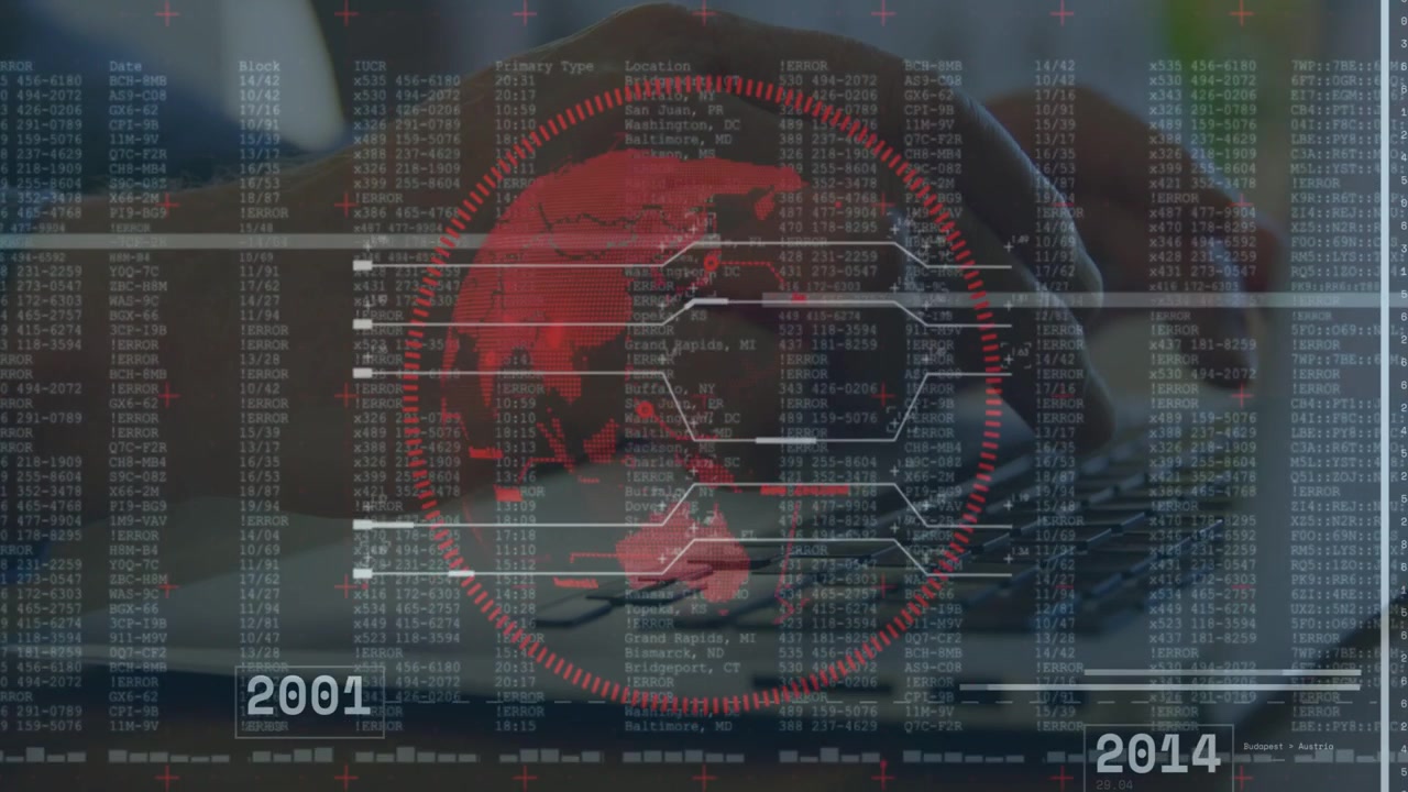 Senior male hands typing activating rotating red globe, connecting years and analyzing finance data