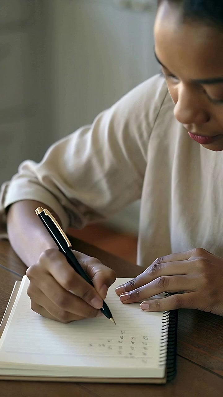 Vertical video: Writing woman pausing to think, twirling black pen, resuming notebook at wood table