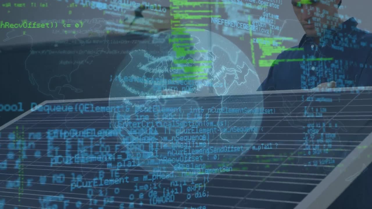 지구를 가로질러 데이터 처리의 애니메이션 태양 전력 발전소에서 일하는 카우카스 엔지니어