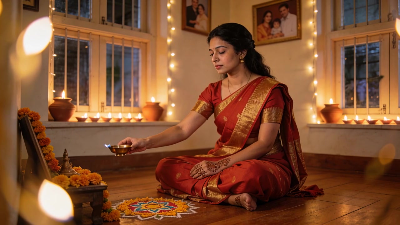 Holding lit diya, woman in red saree lowering it toward rangoli at shrine for prayer