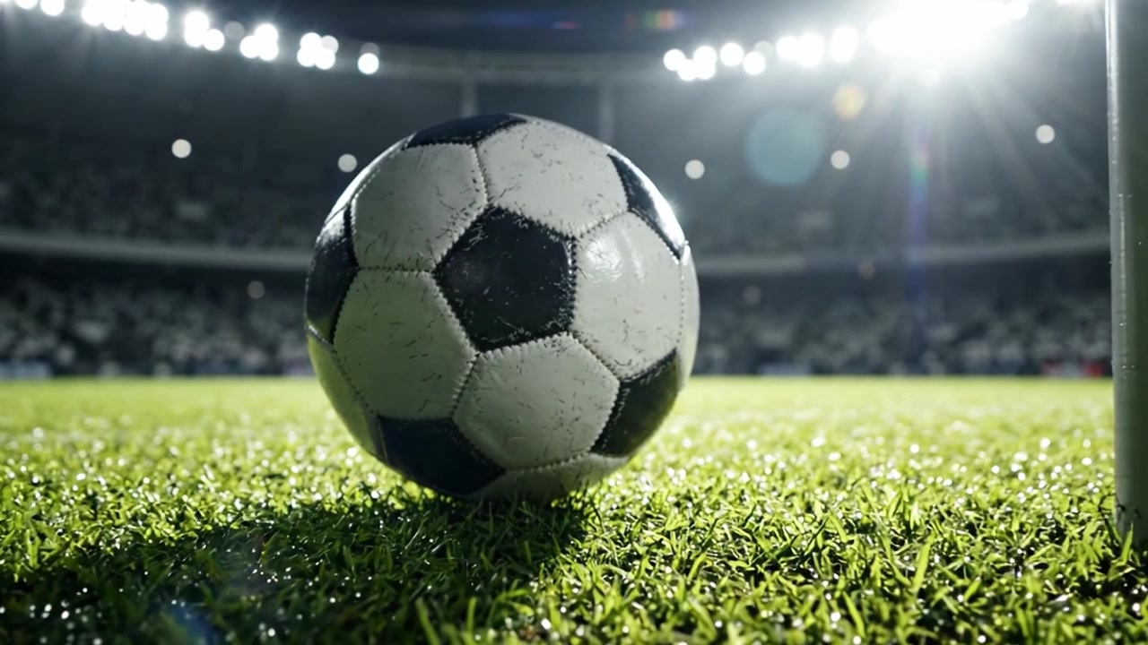 Canlı Bir Stadyumda Çimlerin Üzerindeki Bir Futbol Topunun Çarpıcı Görüntüsü, Parlak Işıkların Aşağıya Doğru Parlamasıyla Oyunun Heyecanını Her Ayrıntısıyla Yakalıyor