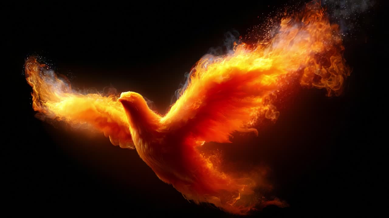 A vibrant and majestic phoenix soaring through the darkness, enveloped in bright fiery flames and smoke, symbolizing rebirth, transformation, and resilience in the face of adversity