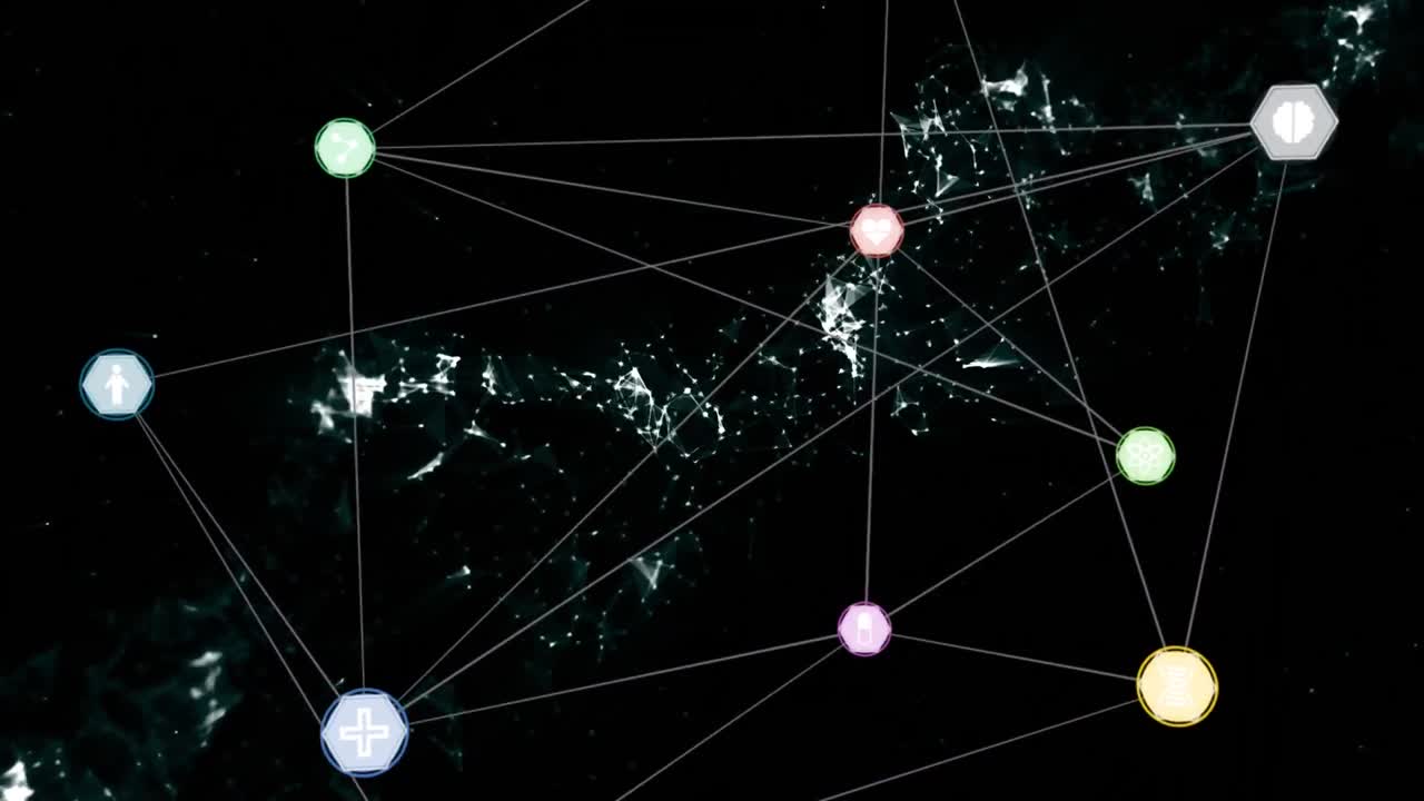 검은 바탕에 녹색 디지털 파도에 대해 회전하는 연결 네트워크