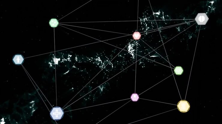 Network of connections spinning against green digital waves on black background