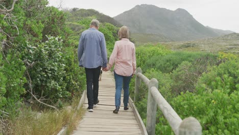 smiling senior caucasian couple holding hands and walking on path