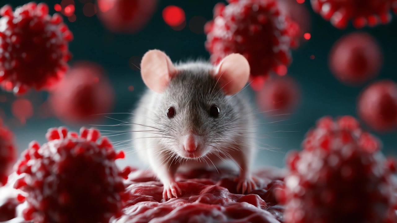 Un primo piano di un topo circondato da vivaci particelle di virus rosse, che illustra l'intersezione tra microbiologia e ricerca sulle malattie in una rappresentazione visiva sorprendente.