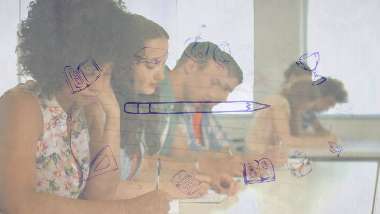 animación de iconos de la educación sobre mujeres bi-raciales felices y estudiantes adolescentes diversos en la clase escolar