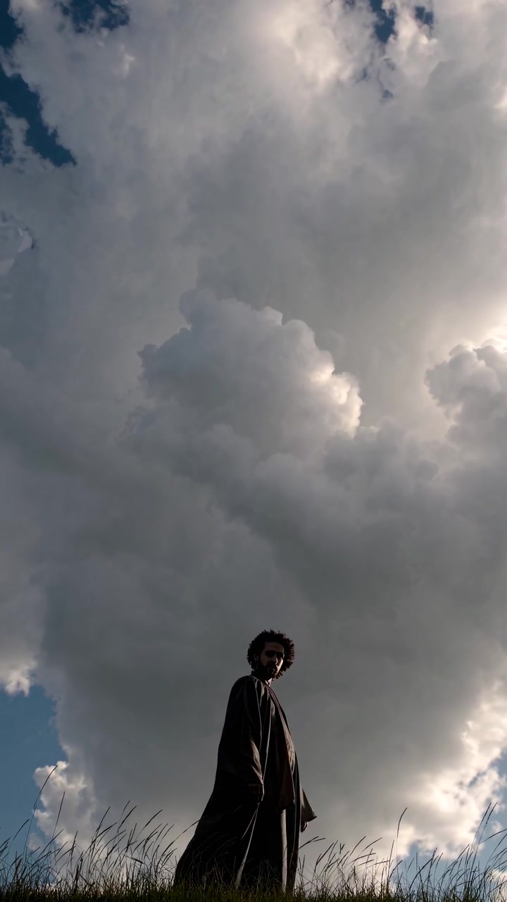 Uomo in piedi in un campo contro un cielo tempestoso e drammatico.